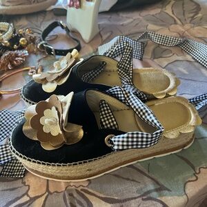 Black Suede Espadrille Slides Ankle Ties in Black/White Silk